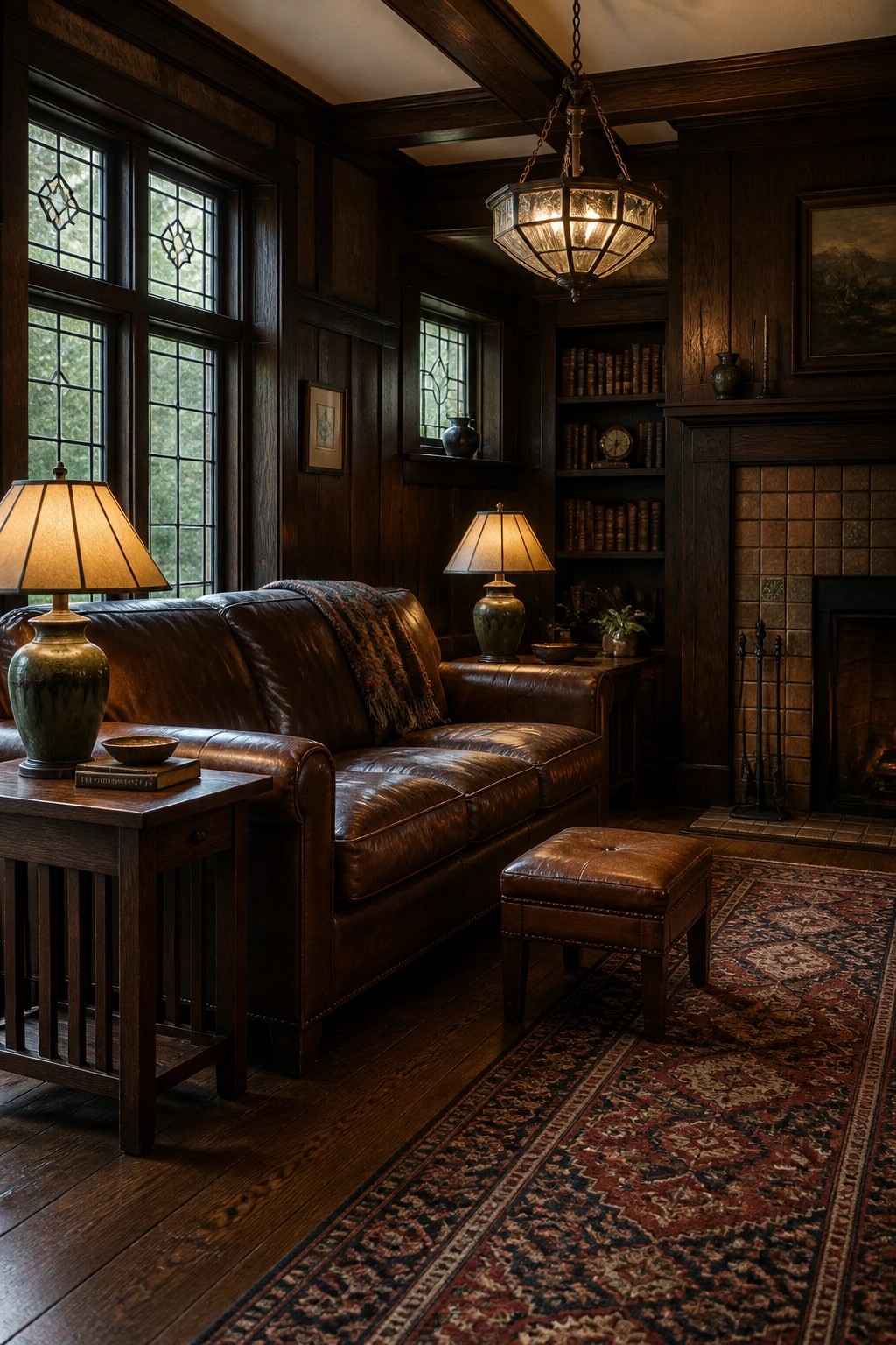 A dark wood-paneled living room with a brown leather sofa, fireplace, and large hanging chandelier above.