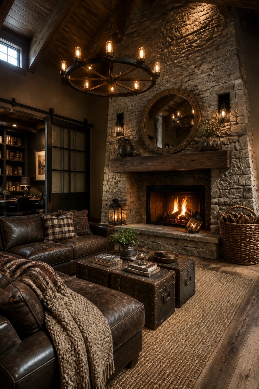 A rustic living room with a large wagon wheel chandelier hanging above leather sofas and a stone fireplace.