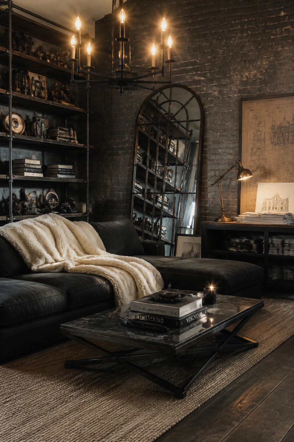A dark masculine living room featuring a large multi-arm chandelier with glowing bulbs above a black leather sectional sofa and marble coffee table, set against exposed brick walls with industrial shelving.