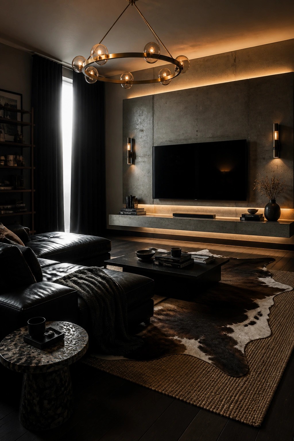A living room featuring a large circular chandelier with multiple glowing bulbs hanging above a dark coffee table and cowhide rug, with a wall-mounted television on a concrete accent wall.