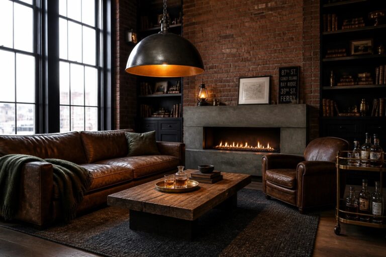 18 Statement Lighting Ideas for a Bold Masculine Living Room A masculine living room featuring a large black dome pendant light above a wooden coffee table, with a brown leather sofa, brick fireplace, and built-in bookshelves.