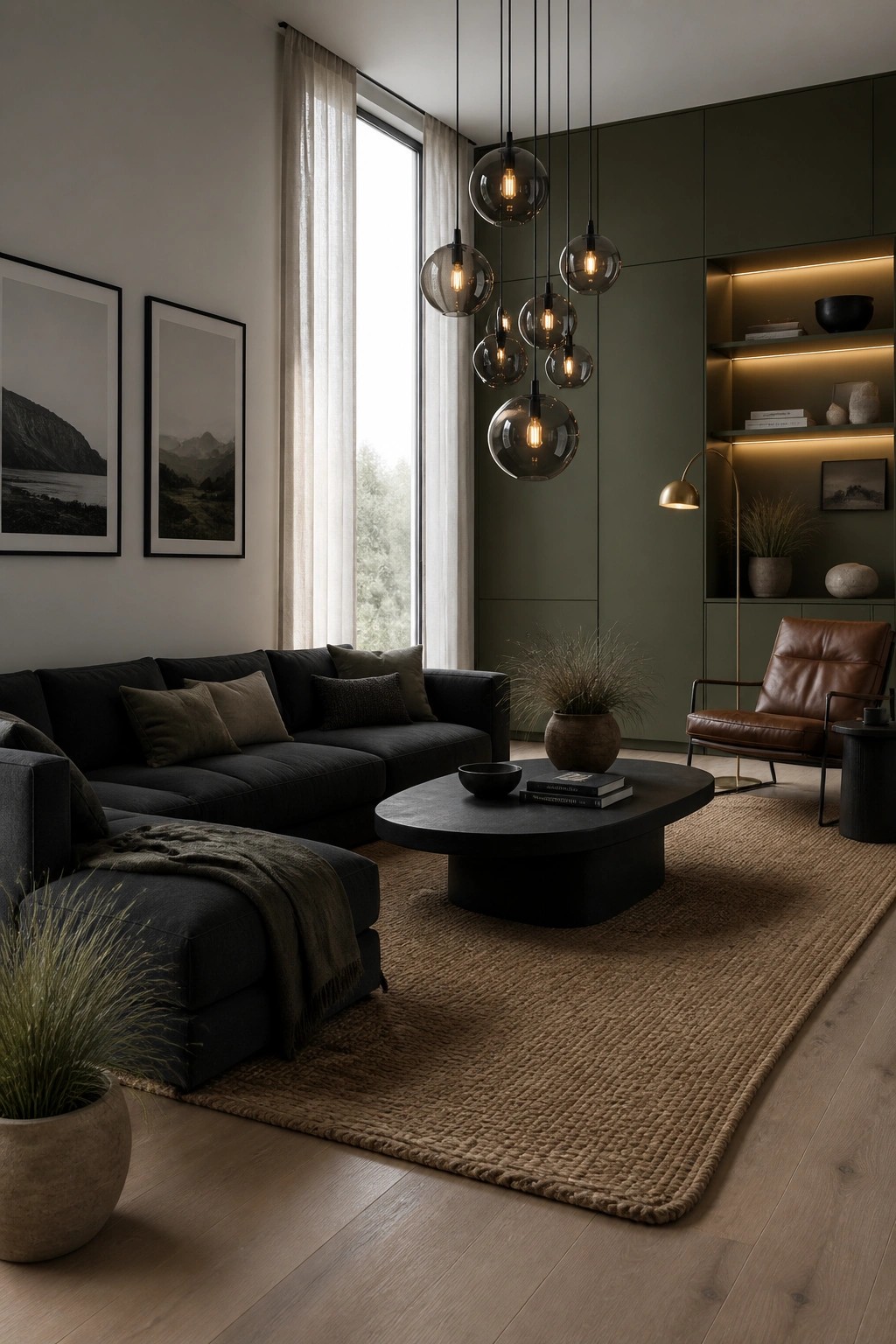 A living room with a dark sectional sofa, brown leather chair, round black coffee table, and a cluster of glass globe pendant lights hanging from the ceiling above a woven rug.