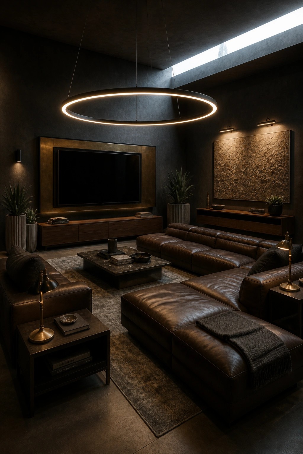 A dark masculine living room with a large circular pendant light hanging above a brown leather sectional sofa and coffee table.