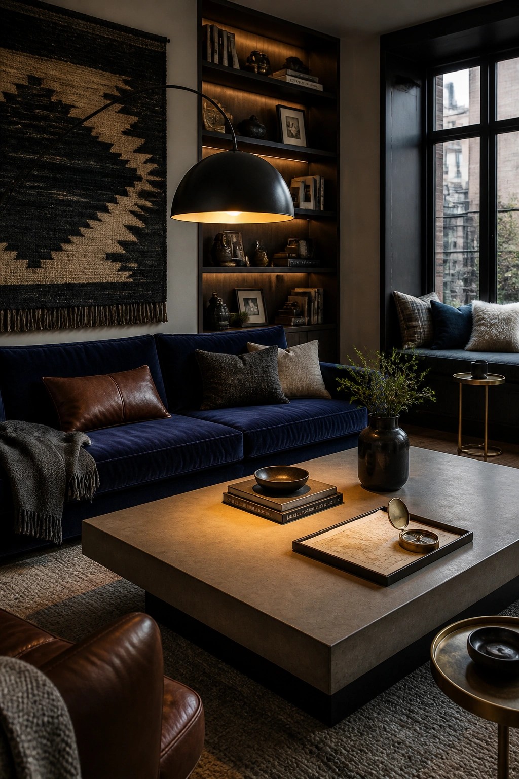 A living room featuring a large black dome pendant light above a concrete coffee table, a navy blue velvet sofa, built-in shelves, and a window seat.