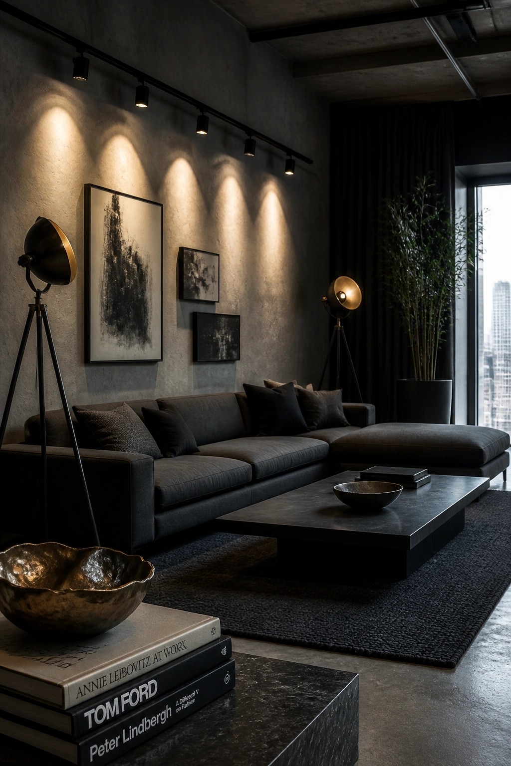 A dark masculine living room featuring a gray sectional sofa, black coffee table, abstract wall art, and two large tripod floor lamps with bowl shades.