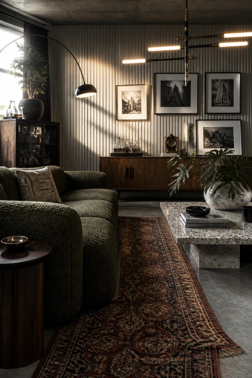 Modern living room with green sofa, Persian rug, marble table and wood accents.