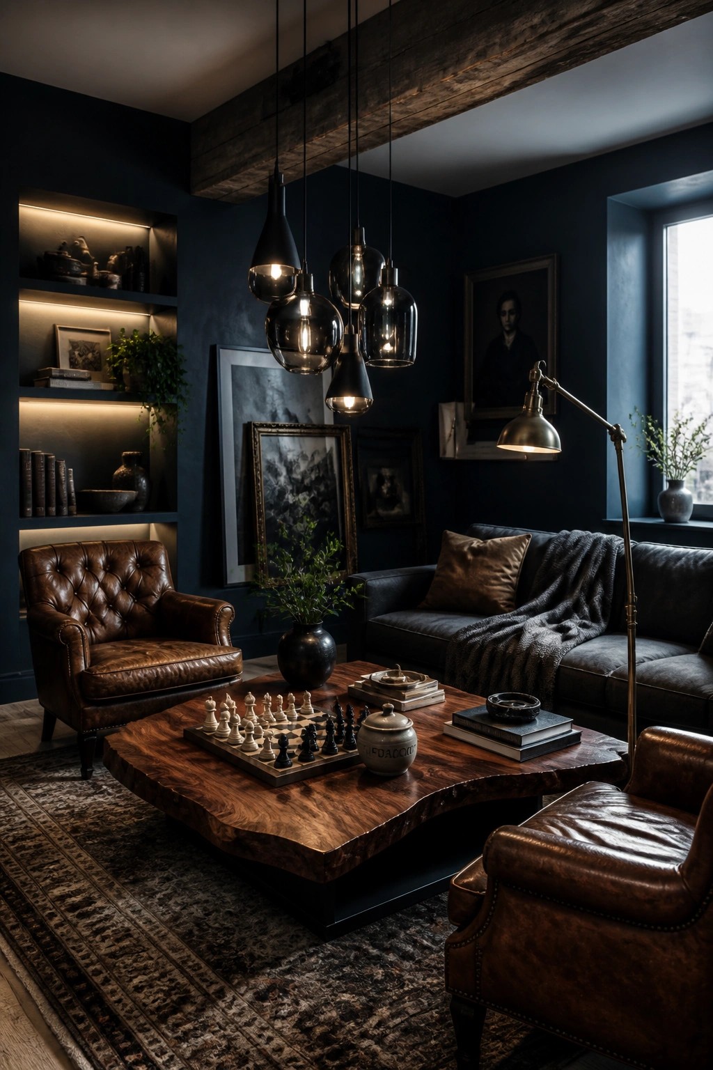 A dark masculine living room with navy walls, leather armchairs, a live-edge wood coffee table holding a chess set, and a cluster of dark glass pendant lights hanging above it.