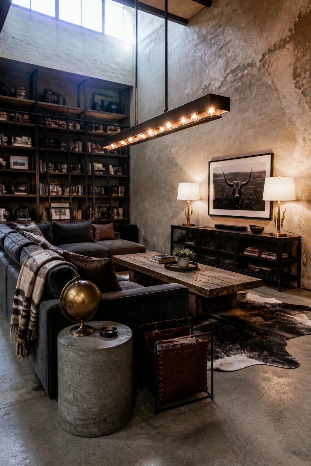 A spacious industrial living room featuring a long black linear pendant light with multiple bulbs hanging above a wooden coffee table and dark sectional sofa.