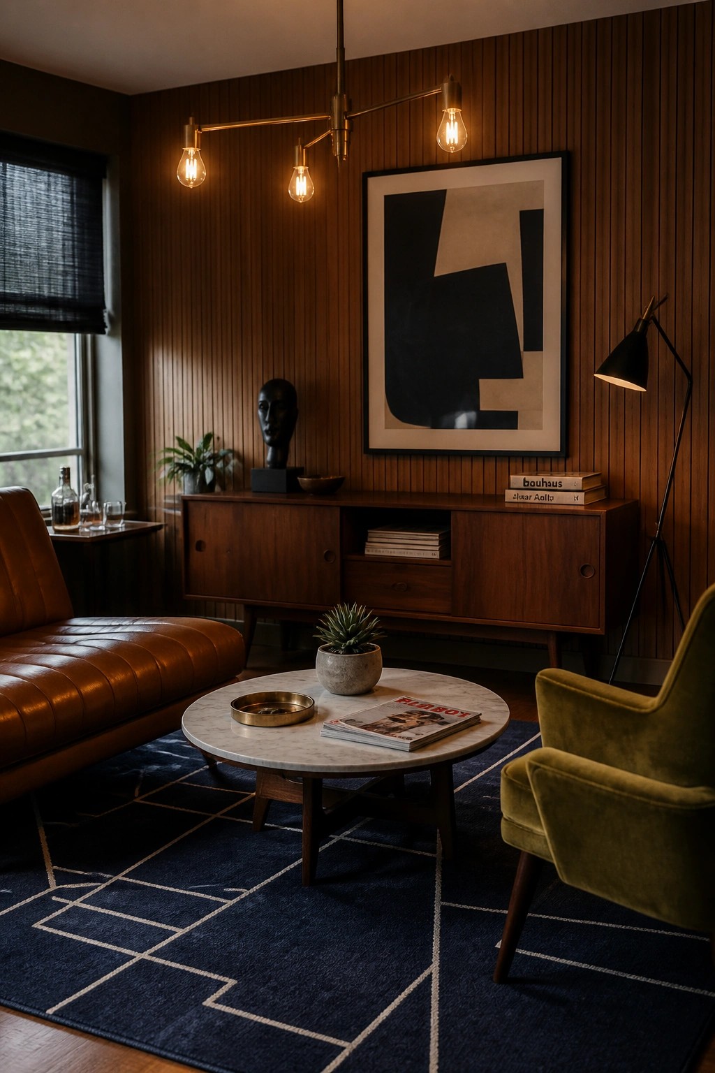 A masculine living room featuring a multi-arm ceiling light fixture with exposed bulbs above a marble coffee table, leather sofa, green armchair, and wood credenza.