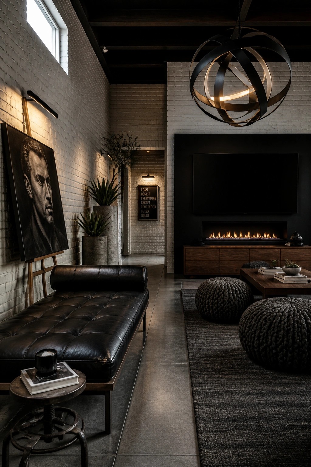 A spacious masculine living room with a large black and gold spherical chandelier, dark leather chaise, wooden media console, and brick walls.