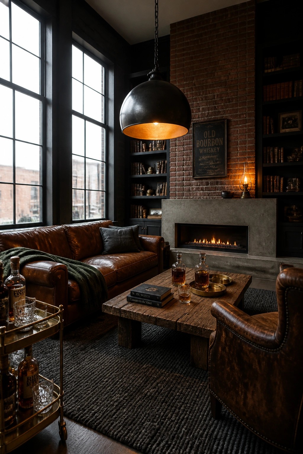 A masculine living room featuring a large black dome pendant light above a wooden coffee table, with a brown leather sofa, brick fireplace, and built-in bookshelves.