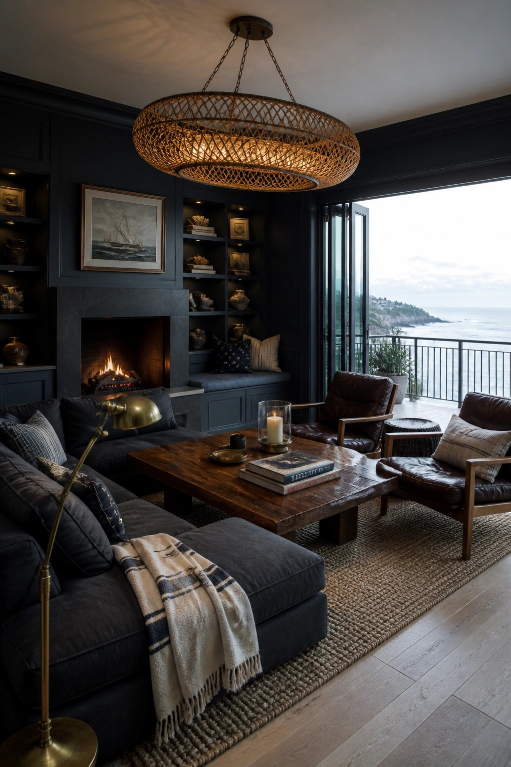 A large woven chandelier hangs above a wooden coffee table in a dark living room with leather armchairs, a fireplace, and built-in shelves.