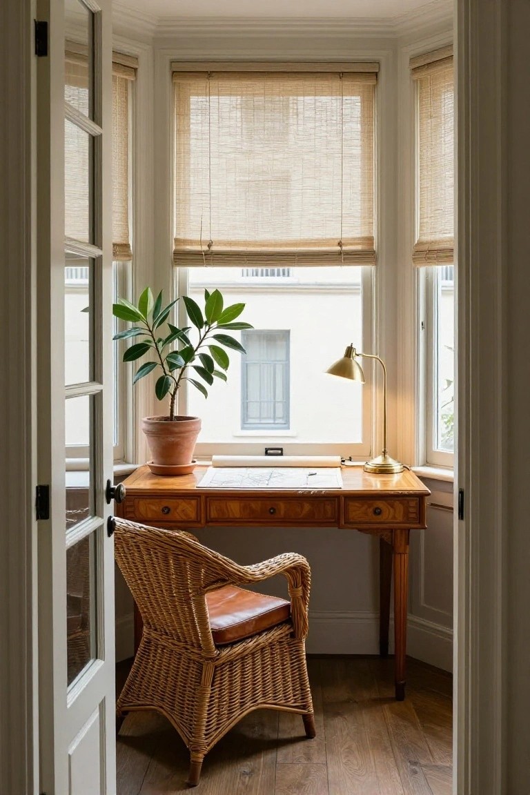 A wooden desk with a rolled map sits in a windowed alcove, paired with a wicker chair and brass desk lamp, with a potted plant on the left.