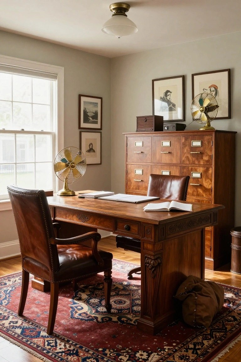 A vintage-style home office featuring a large wooden desk with carved details, two brown leather armchairs, a matching wooden filing cabinet, and several framed prints on the wall.