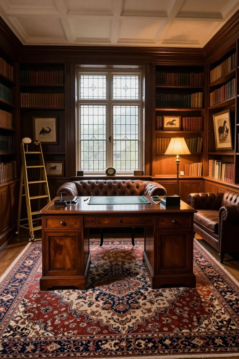 A vintage home office with dark wood built-in bookshelves, a large wooden desk on a patterned rug, and brown leather seating.