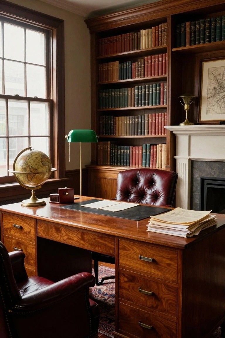 A traditional home office with a large wooden desk, red leather chair, globe, green desk lamp, and floor-to-ceiling built-in bookshelves filled with books.