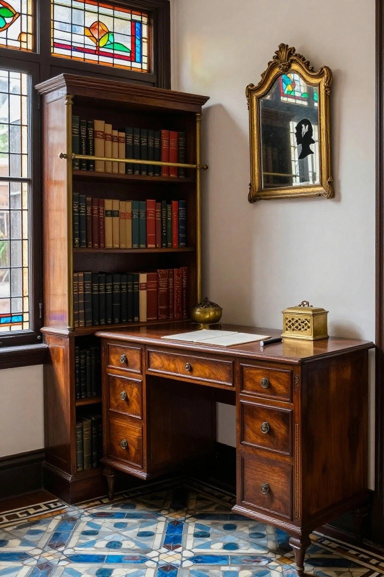 A wooden desk with multiple drawers sits beneath built-in bookshelves filled with books, next to a stained glass window and an ornate gold mirror.