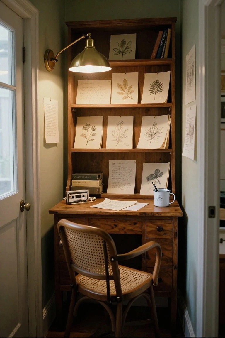 A small wooden desk with built-in shelves holding botanical prints and books, with a wooden chair in front of it.