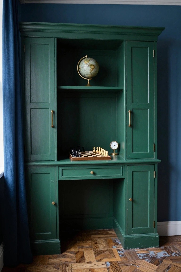 A deep green painted built-in desk and cabinet unit with open shelves holding a globe and a chess set on the desk surface.