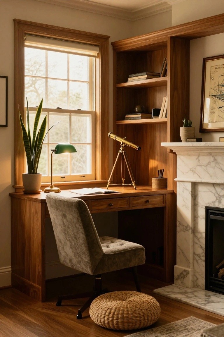 A wooden desk with built-in shelves sits beneath a window next to a marble fireplace in a home office.