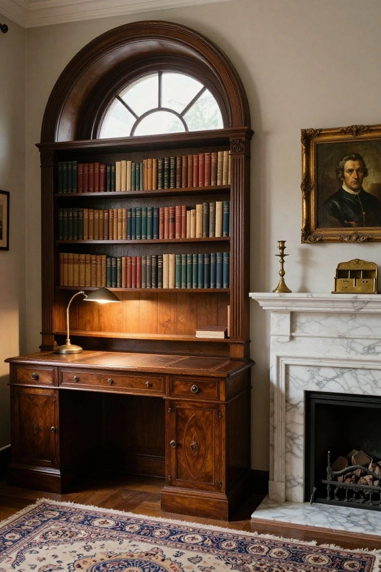 A dark wood built-in desk and bookshelf unit under an arched window next to a marble fireplace in a traditional office.