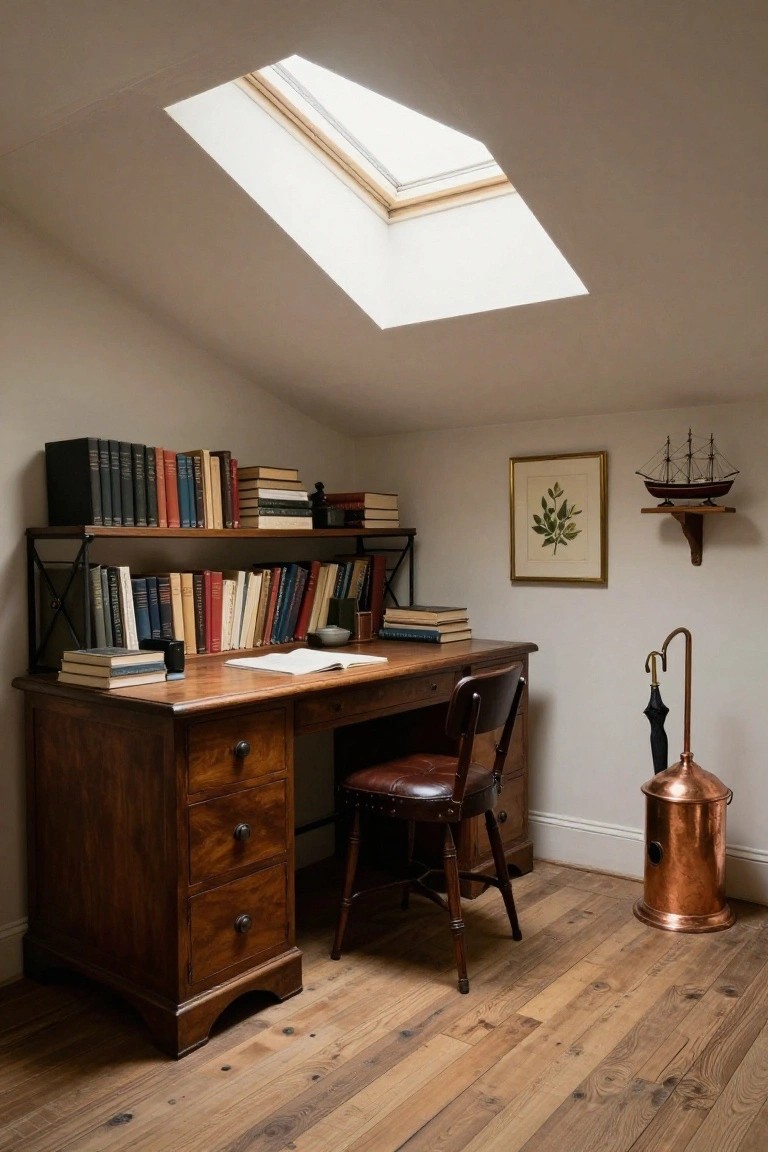 A wooden desk with open bookshelves above it sits under a skylight in a home office with a leather chair and wood floor.