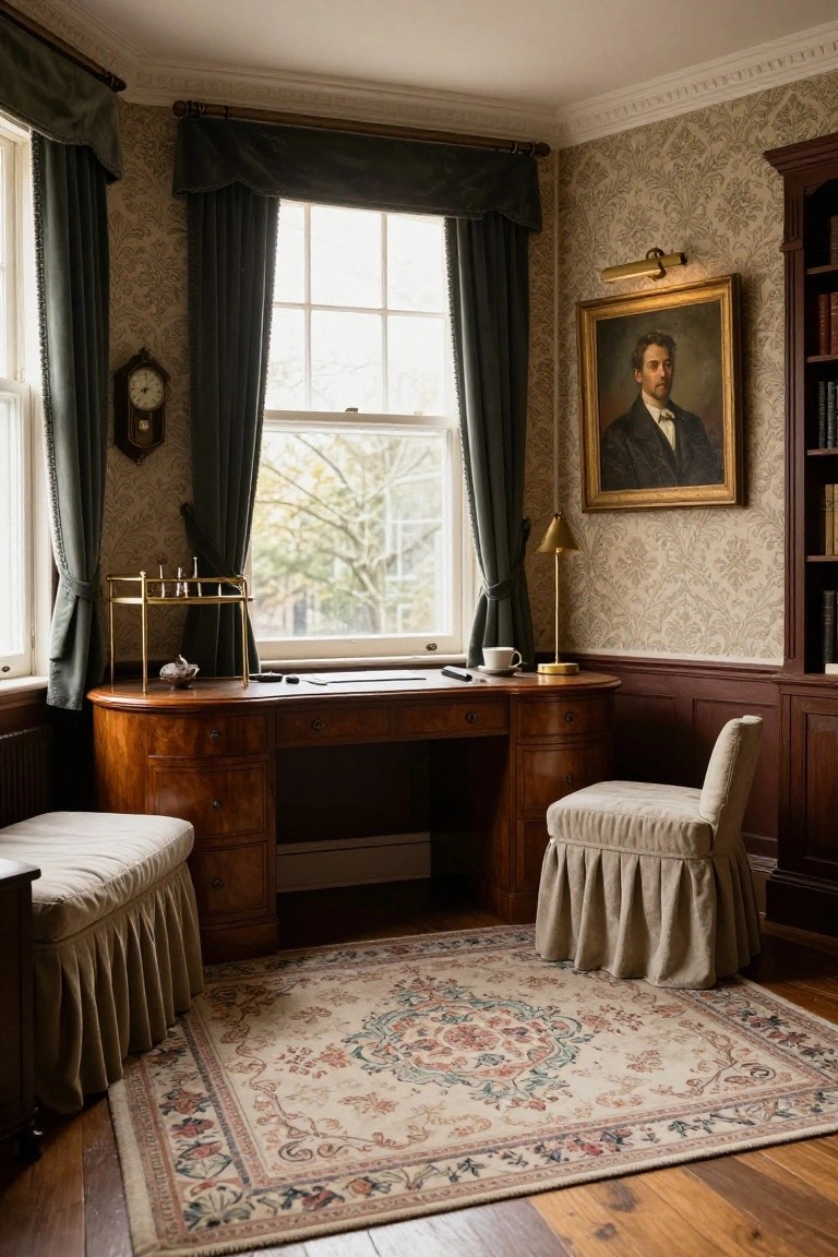 A wooden desk sits centered under a large multi-paned window with dark green curtains in a room with patterned wallpaper, a framed portrait, and a skirted chair on an oriental rug.