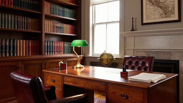 18 Vintage Gentleman Office Ideas That Bring Old World Charm Home A traditional home office with a large wooden desk, red leather chair, globe, green desk lamp, and floor-to-ceiling built-in bookshelves filled with books.