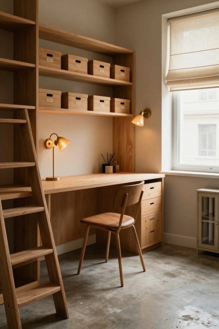 Wooden built-in desk and shelves in a home office with labeled storage boxes, two wall lamps, a wooden chair, and a leaning wooden ladder.