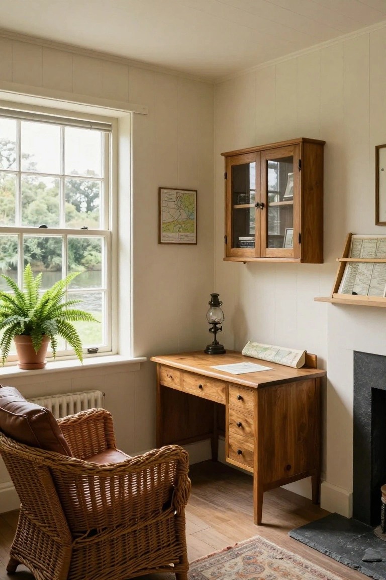 Cozy wooden desk with wall cabinet, wicker chair, fern by window in study