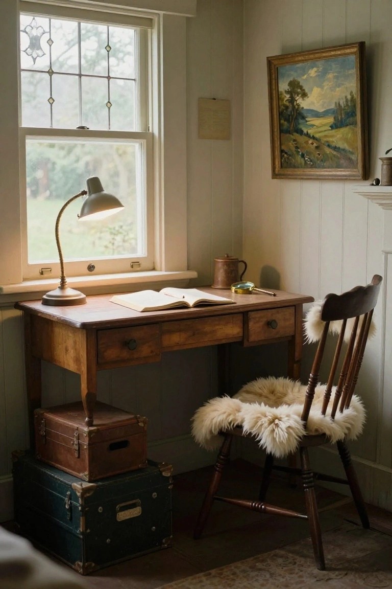 Vintage wooden desk with open book and lit lamp, sheepskin chair, stacked trunks by window