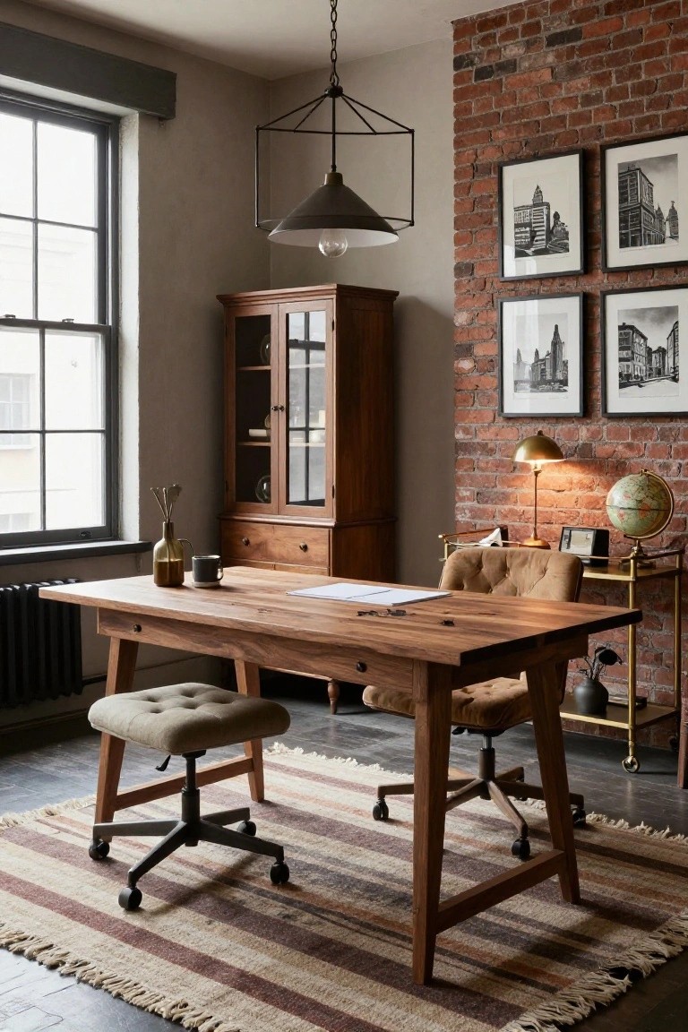 A spacious home office with a large wooden desk on a striped rug, a rolling office chair, a wooden cabinet, and a brick wall with framed prints.