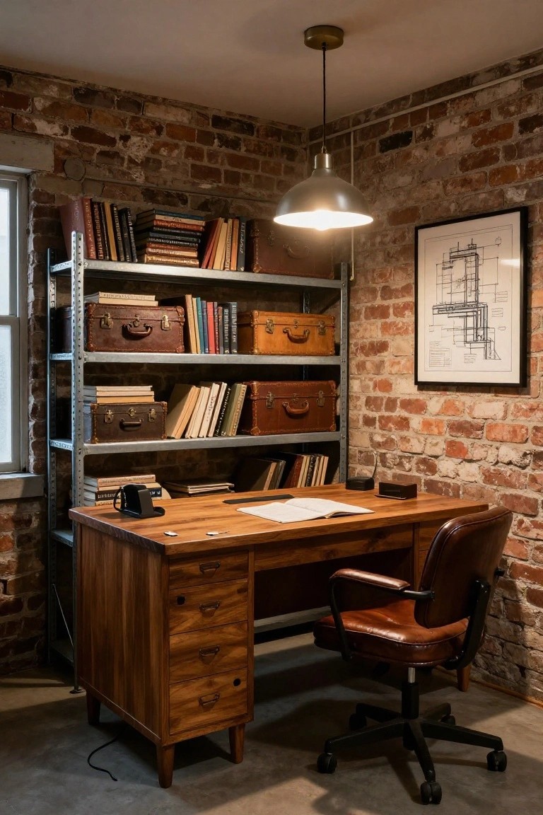 A home office with a wooden desk, brown leather chair, and metal shelving holding books and vintage leather trunks against exposed brick walls.