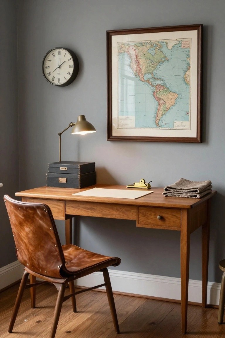 A wooden desk with a brown leather chair sits against a gray wall beneath a framed map of the Americas, with a desk lamp and clock visible.