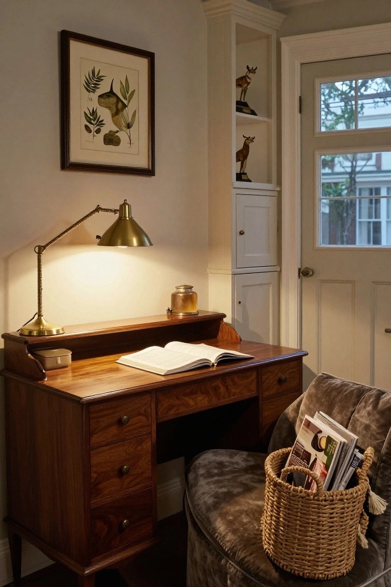A wooden desk with drawers holds an open book under a lit brass lamp beside a built-in cabinet.