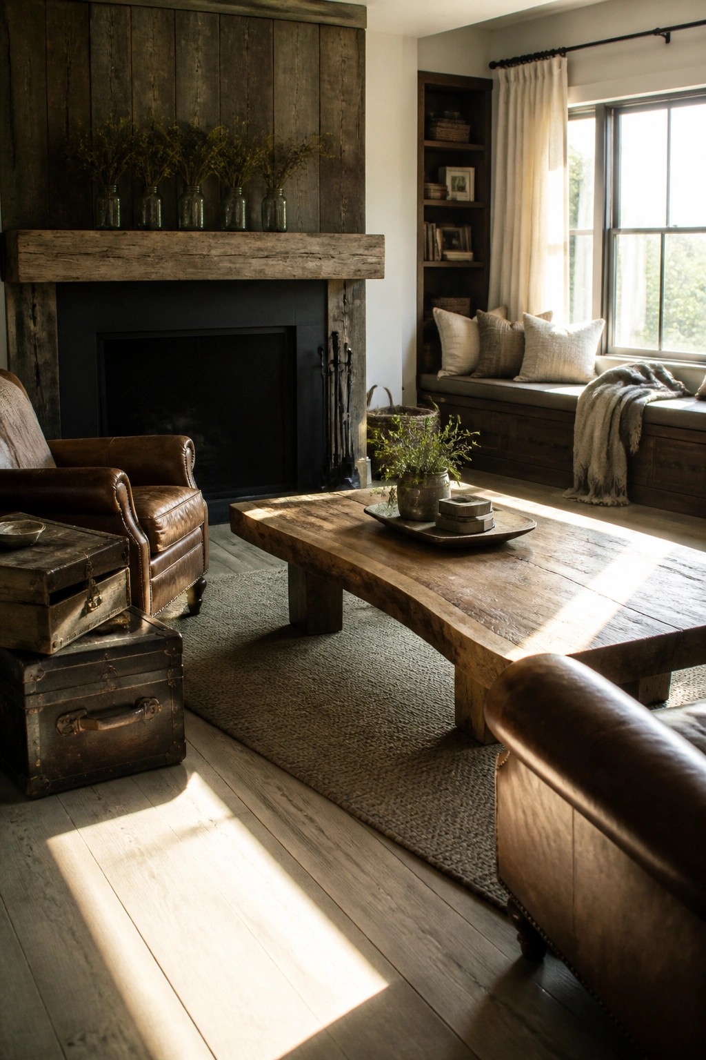 A living room with a large wooden slab coffee table, leather armchairs, a wood mantel fireplace, and a window seat with pillows.