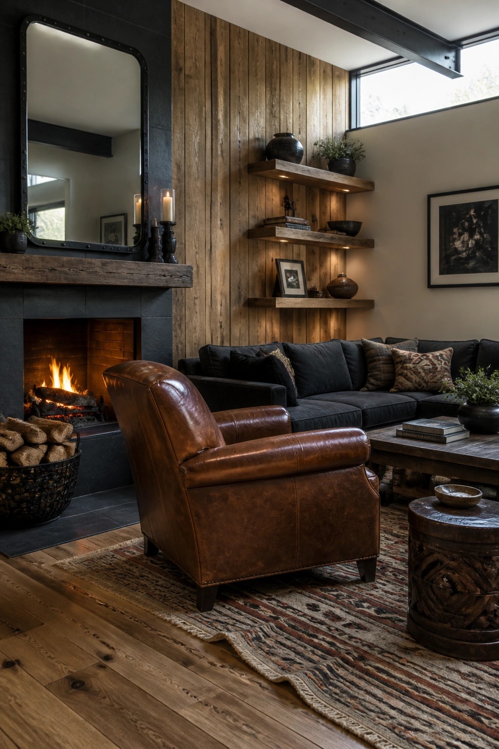 A living room with a tall vertical wood accent wall behind a dark sofa, floating wood shelves, a brown leather armchair, and a stone fireplace.