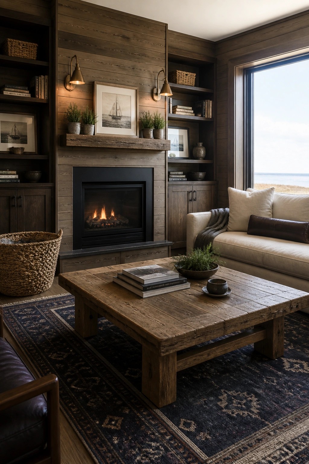 A living room featuring a black fireplace framed by dark wood paneling and built-in shelves, with a rustic wooden coffee table on a patterned rug and a light sofa positioned near a large window.