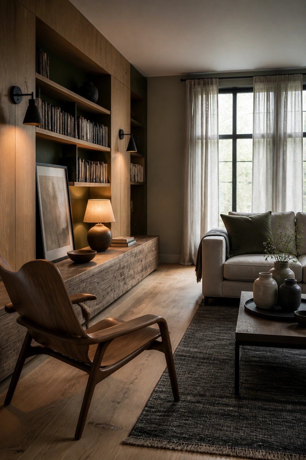 A living room with a large built-in wooden shelving unit along one wall, a wooden armchair in the foreground, a light sofa, and a wooden coffee table on a dark rug.