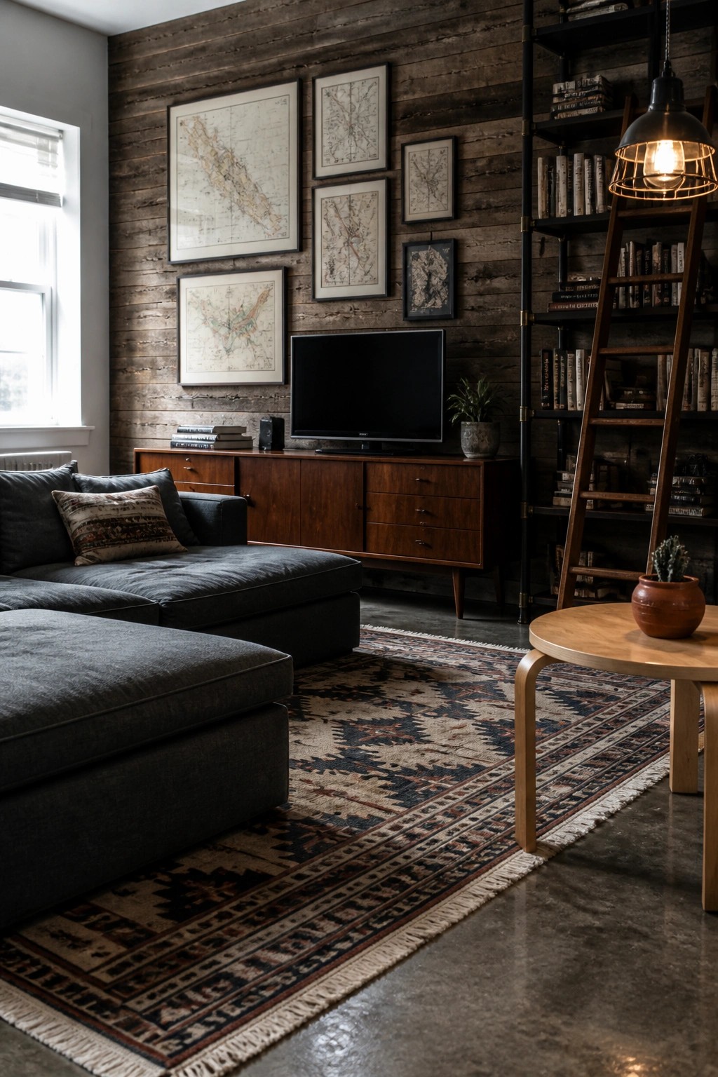 A living room with a dark wood plank accent wall displaying several framed vintage maps above a wooden media console and television, next to a tall bookshelf with ladder and a gray sectional sofa on a patterned rug.