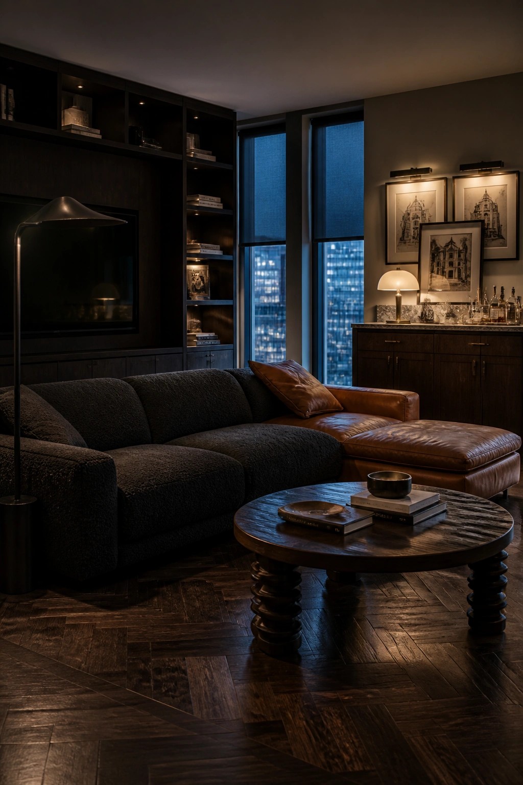 A dimly lit living room featuring a dark sectional sofa, round wooden coffee table, built-in dark wood shelving, and large windows with a city view at night.