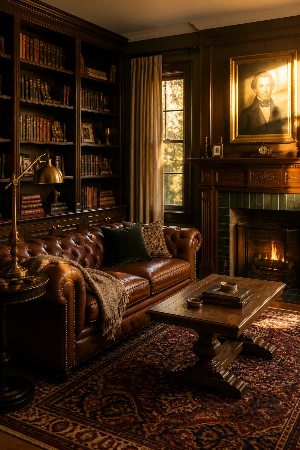 Cozy dark wood library with brown leather sofa, fireplace, bookshelves, and portrait.