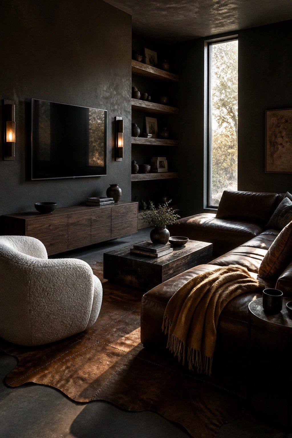 Dark moody living room with leather sofa, white boucle chair, wooden table and shelves.