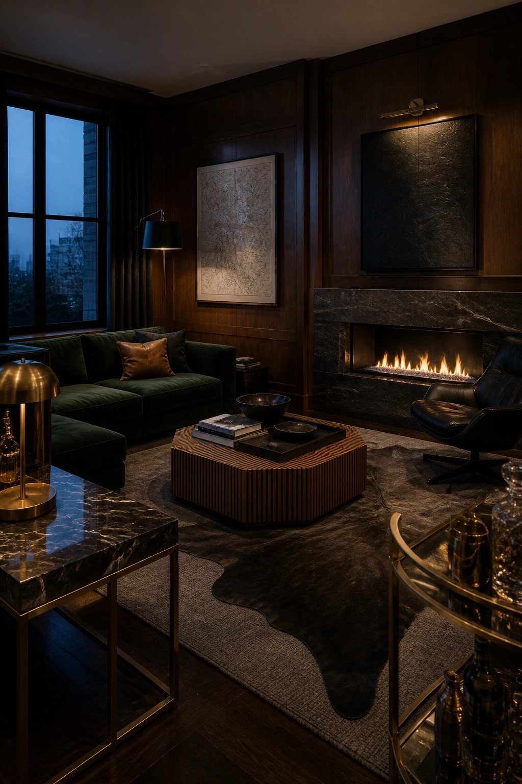 Dark wood living room with green velvet sofa, lit fireplace, leather chair, and marble accents.