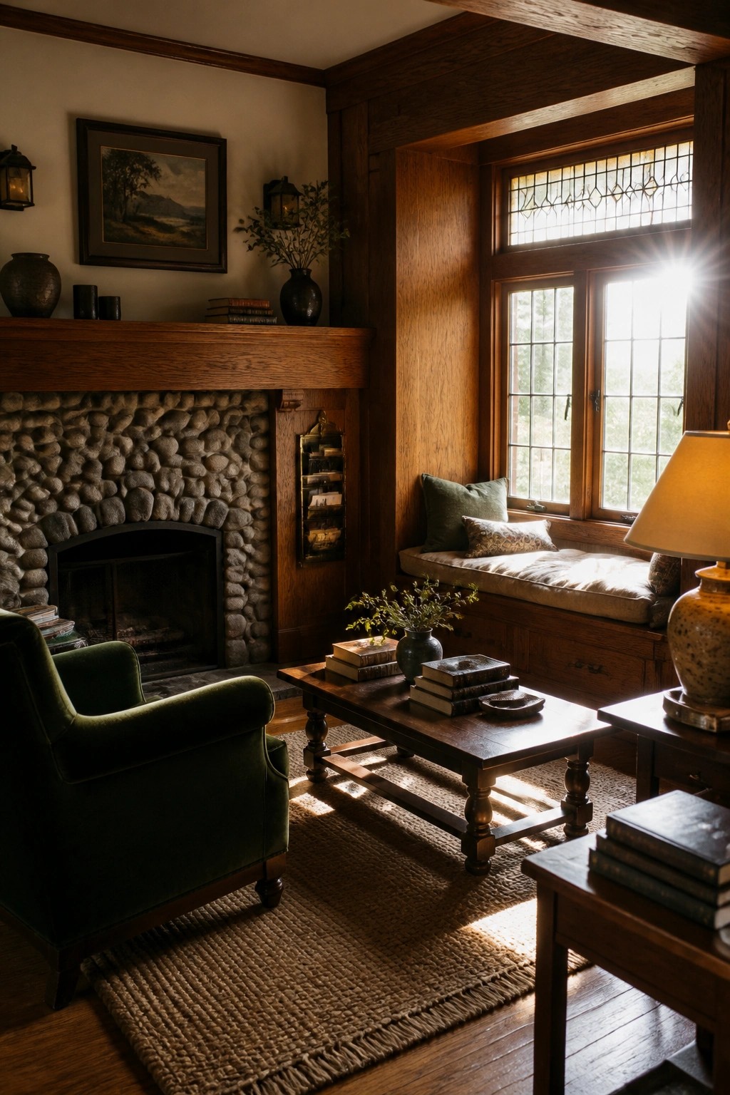 A living room featuring extensive dark wood paneling, ceiling beams, a stone fireplace, a green velvet armchair, a wooden coffee table with books, and a built-in window seat.