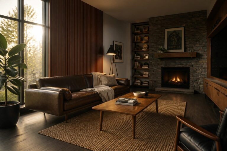 A living room with a brown leather sofa, wooden coffee table, stone fireplace, and vertical dark wood paneling on the wall behind it.