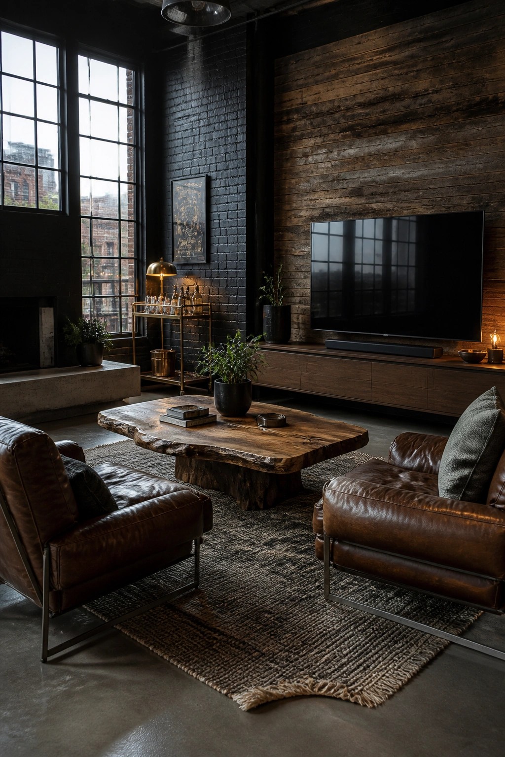 Dark industrial living room with leather armchairs, rustic wood table, and TV.