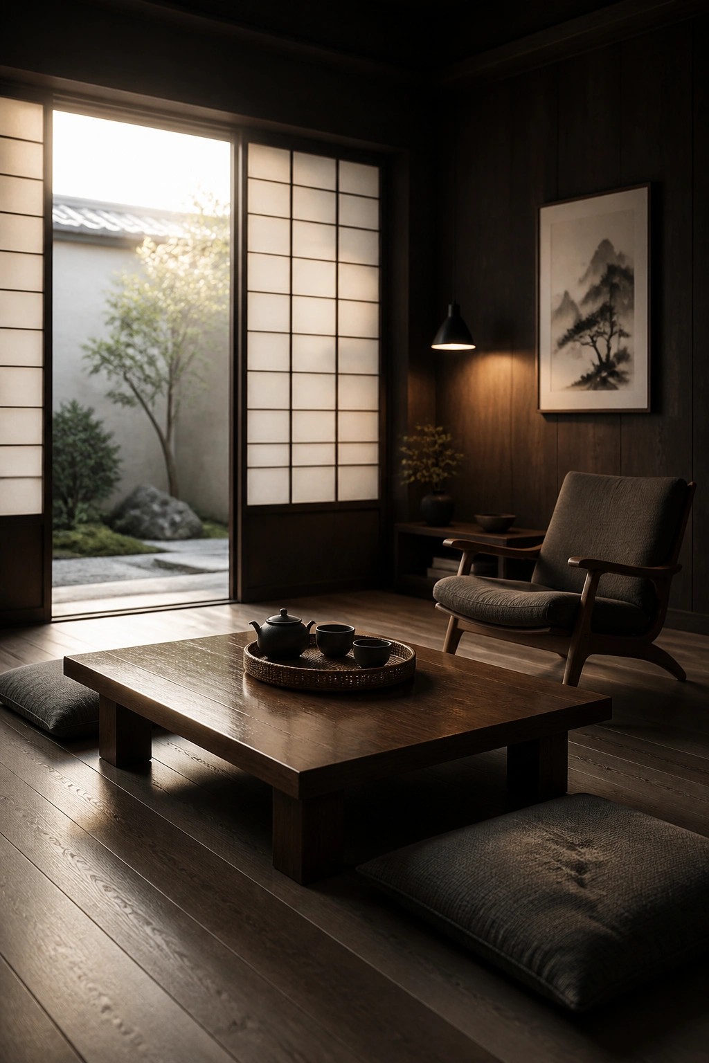 A Japanese-style living room with dark wood walls and floors, a low wooden coffee table holding a tea set on a tray, floor cushions, a gray armchair, and open shoji screens leading to a garden.