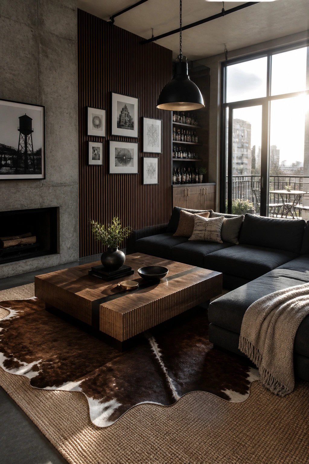 A modern living room featuring a large wooden coffee table on layered rugs in front of a dark sectional sofa, with wood slat walls, framed art, and a fireplace visible.