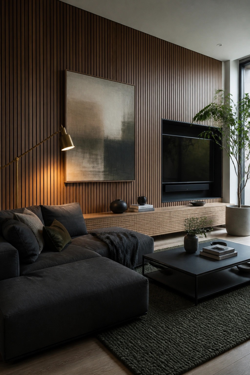 A living room with a dark sectional sofa, black coffee table, wall-mounted television, and vertical dark wood slat wall with large abstract painting and brass floor lamp.